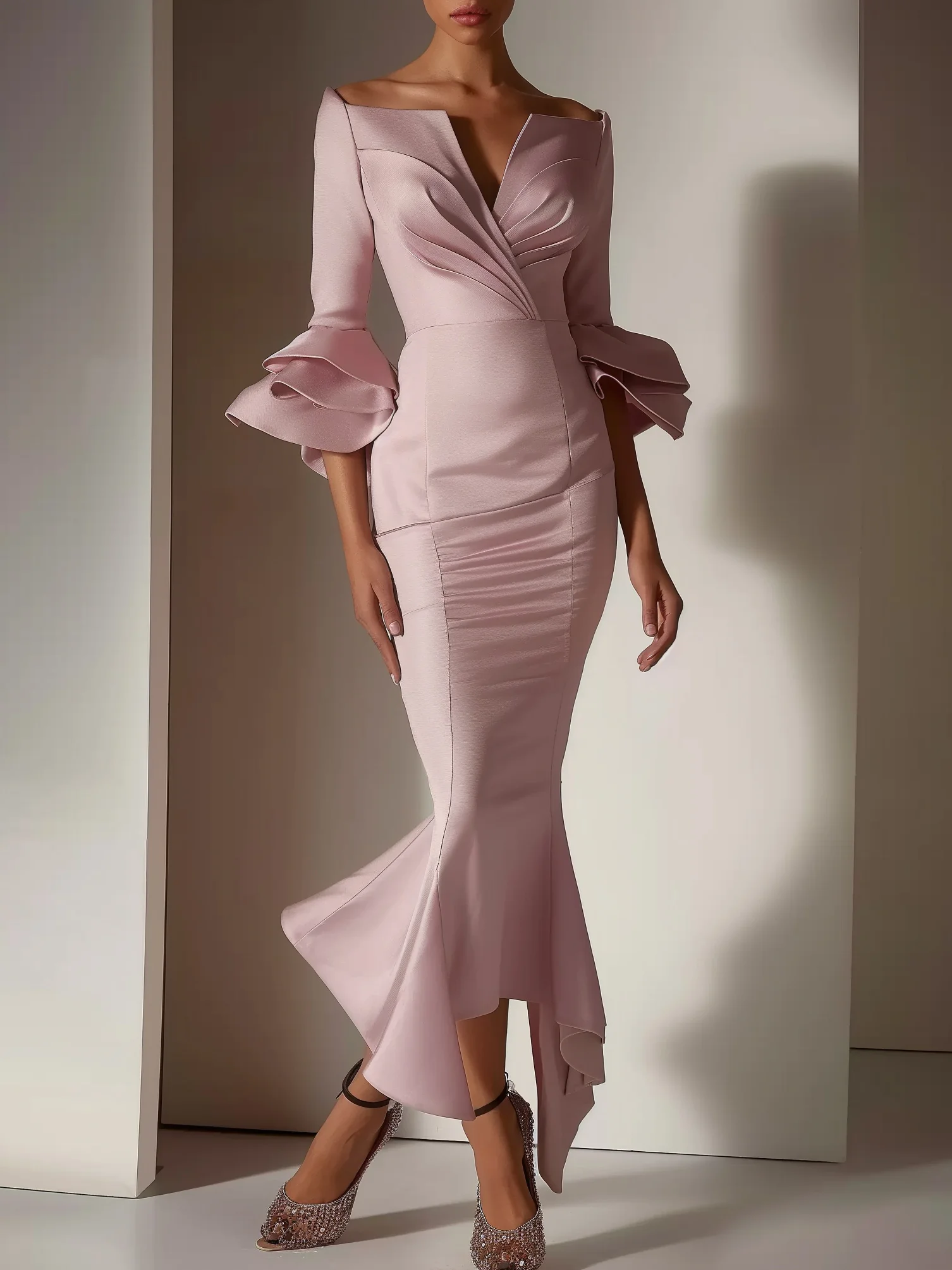 Pink Ruffled Bell Sleeves V Neck Mermaid Maxi Dress