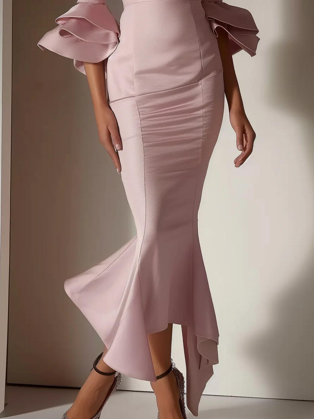 Pink Ruffled Bell Sleeves V Neck Mermaid Maxi Dress