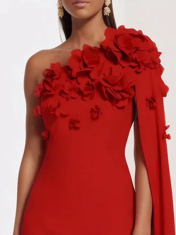 Red 3D Floral One Shoulder Removable Sleeve Sheath Midi Dress