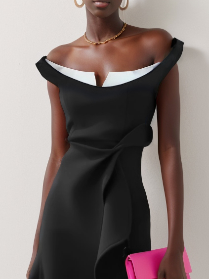 Black Off The Shoulder Sleeveless A-Line Midi Dress