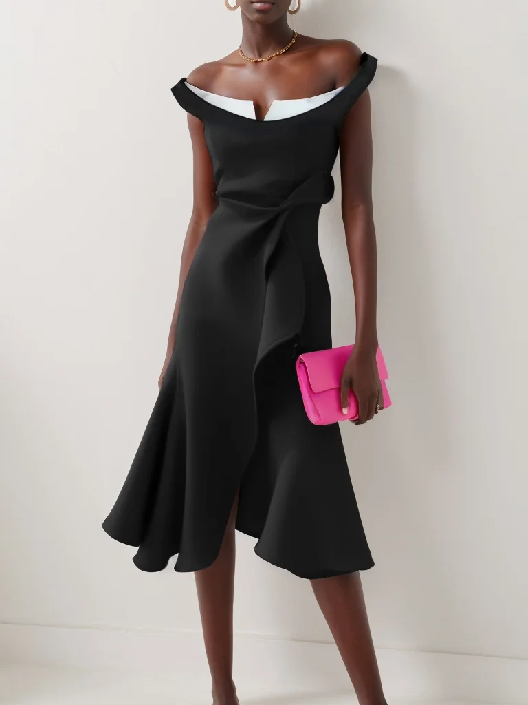 Black Off The Shoulder Sleeveless A-Line Midi Dress