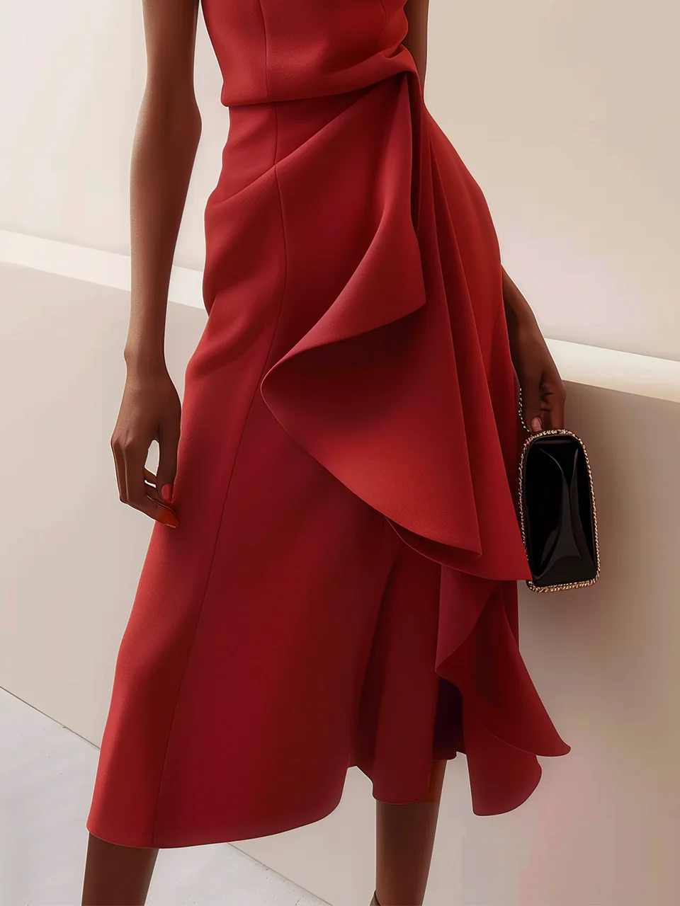 Red Ruched Boat Neck Cap Sleeve A-Line Midi Dress