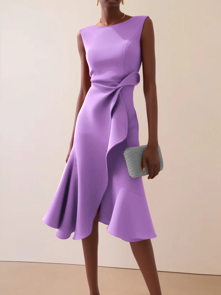 Purple Waist Twist Ruffled Sleeveless A-Line Midi Dress