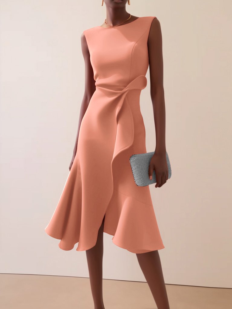 Orange Pink Waist Twist Ruffled Sleeveless A-Line Midi Dress