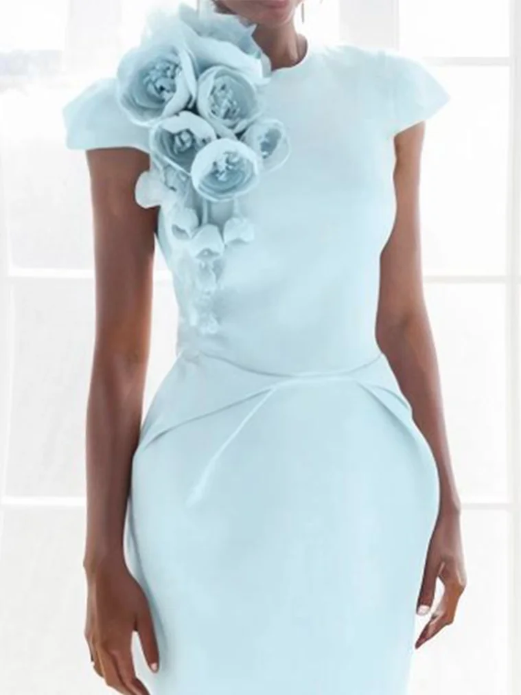 Blue 3D Floral Cap Sleeve Sheath Midi Dress 