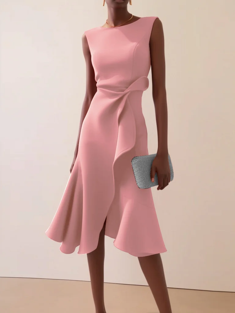 Light Pink Waist Twist Ruffled Sleeveless A-Line Midi Dress