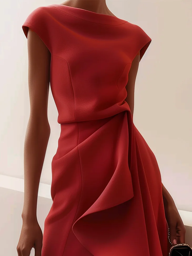 Red Ruched Boat Neck Cap Sleeve A-Line Midi Dress