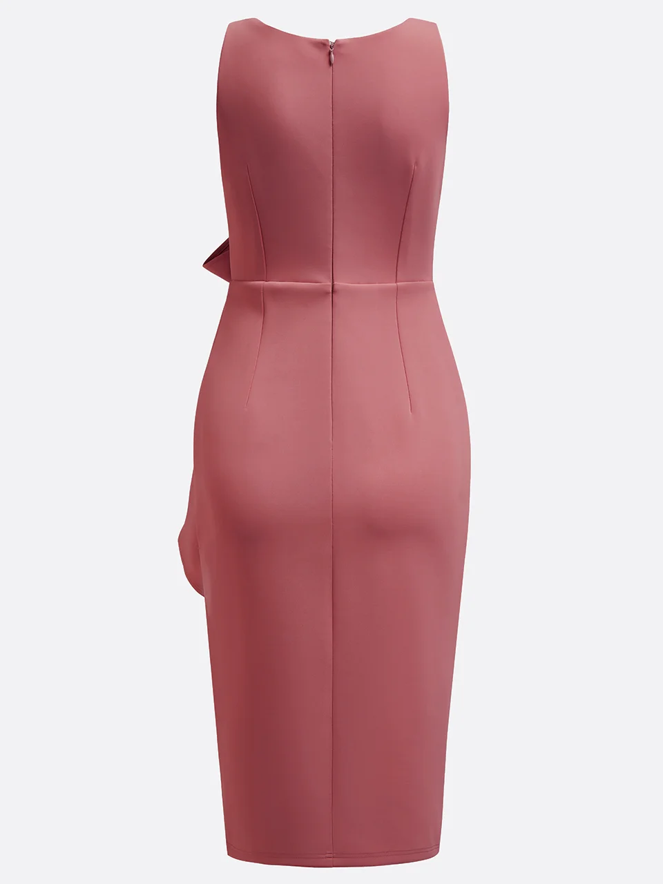 Pink V Neck Ruffled Sleeveless Bow Sheath Midi Dress