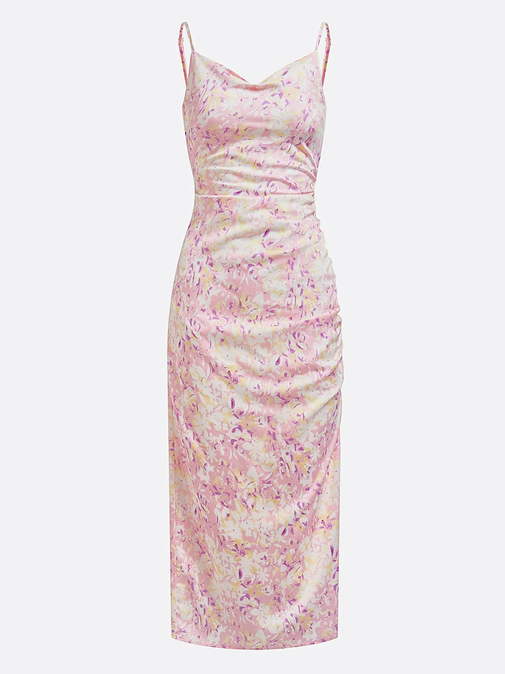 Pink Floral Spaghetti Slit Sheath Midi Dress