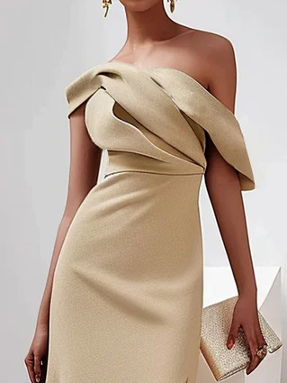 Khaki Off-the-Shoulder Slit Maxi Dress