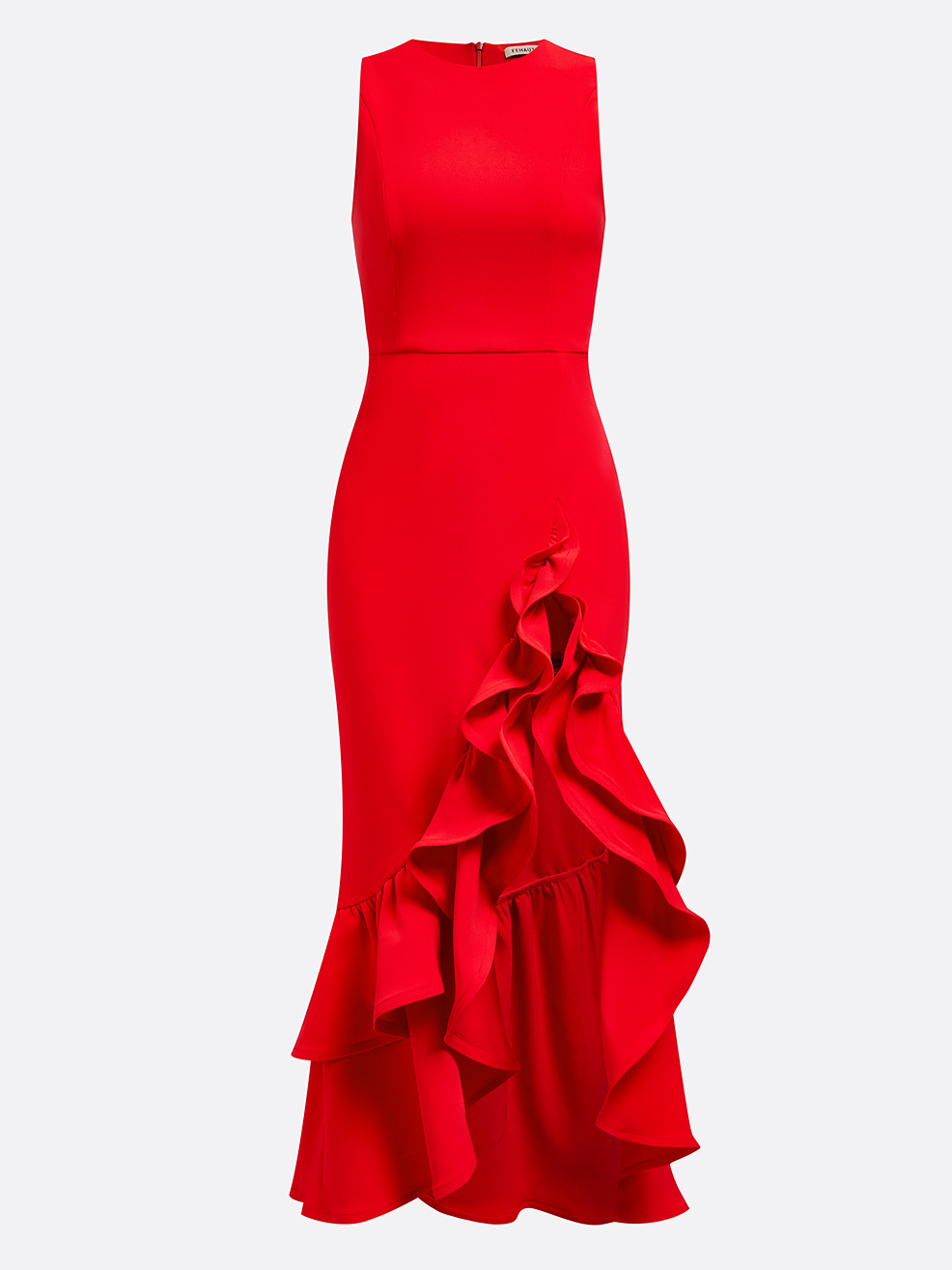 Red Ruffled Sleeveless Slit A-Line Gown