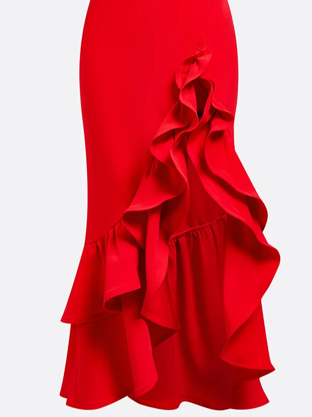 Red Ruffled Sleeveless Slit A-Line Gown