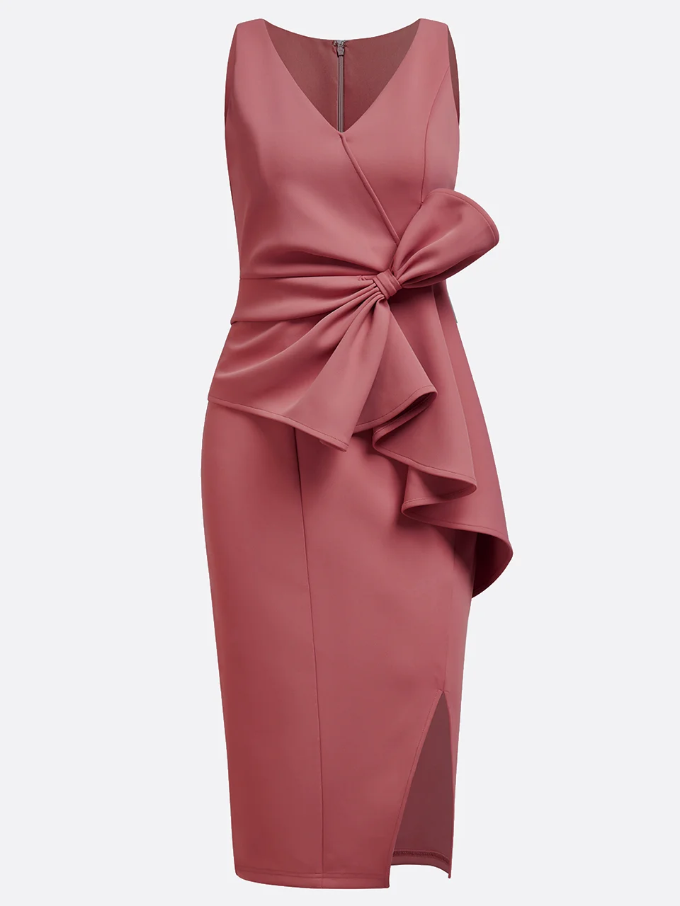 Pink V Neck Ruffled Sleeveless Bow Sheath Midi Dress