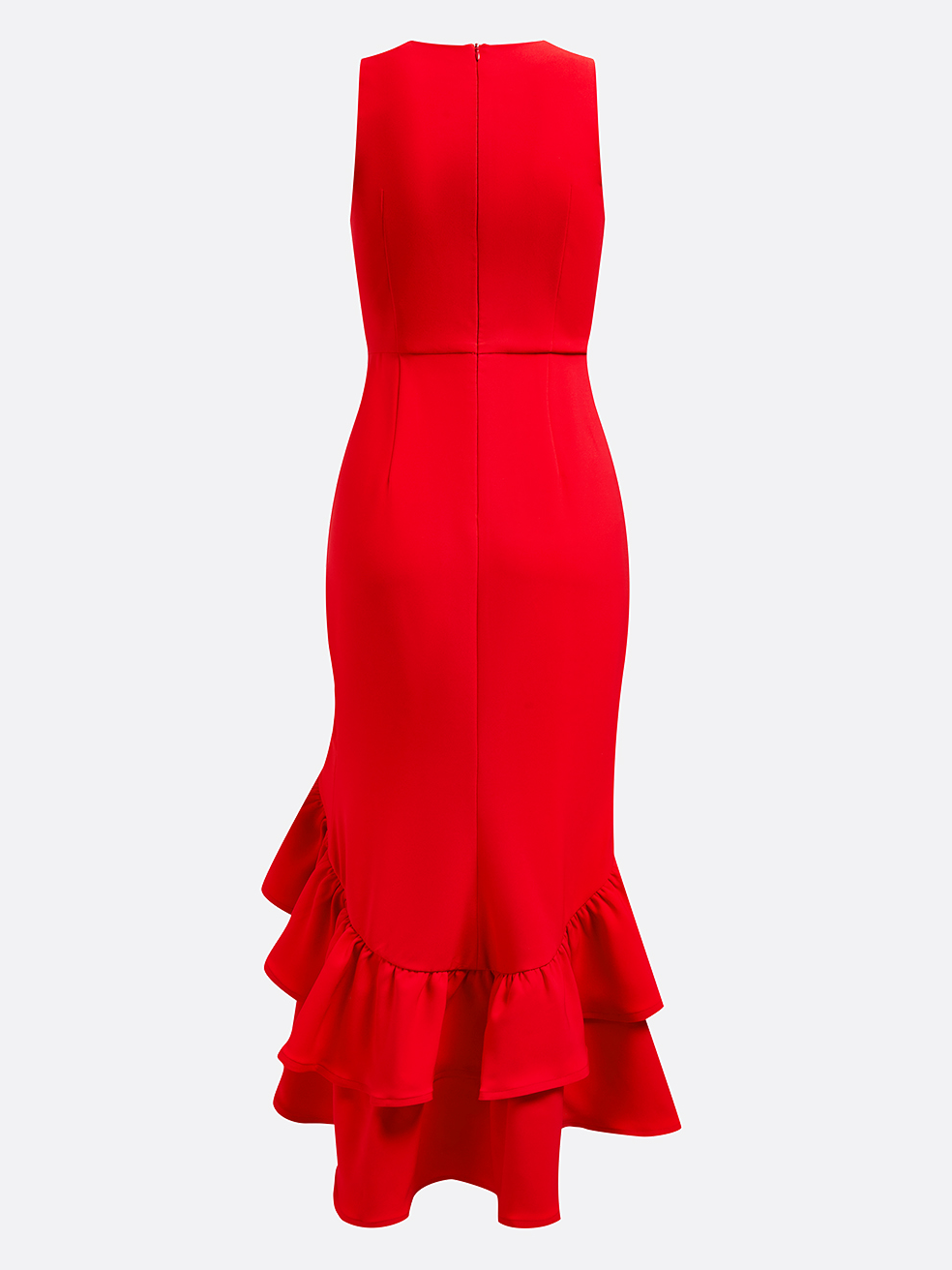 Red Ruffled Sleeveless Slit A-Line Gown