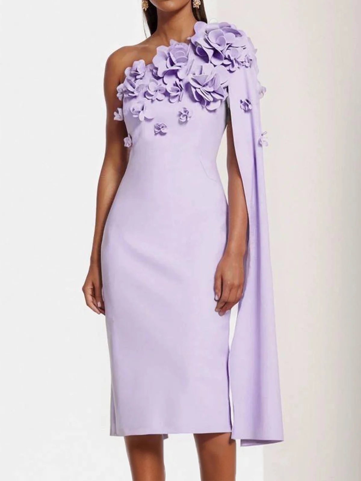 Purple 3D Floral One Shoulder Removable Sleeve Sheath Midi Dress