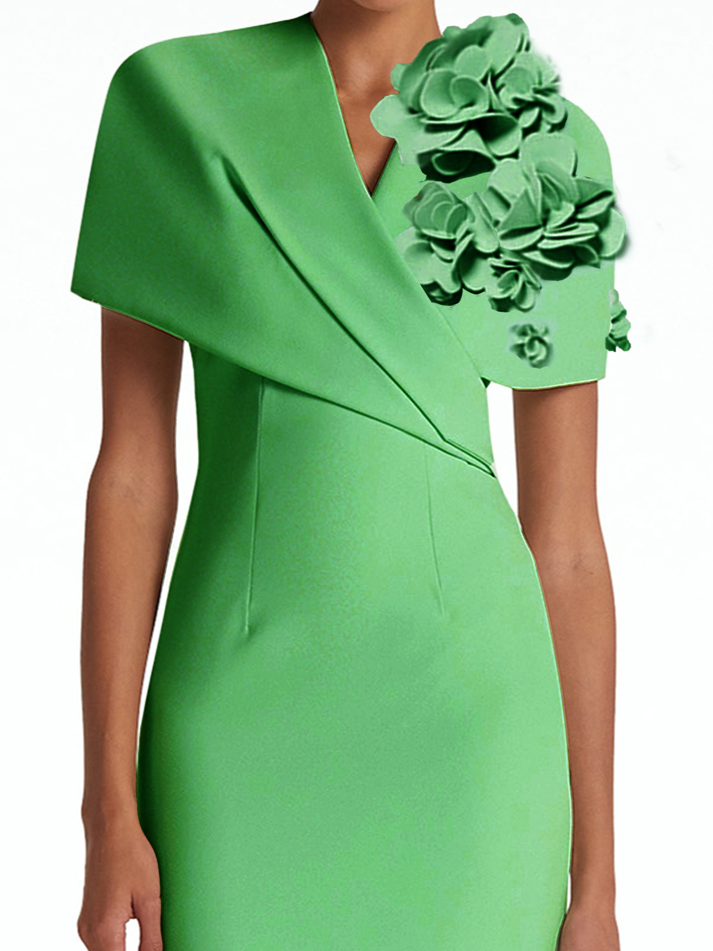 Green 3D Floral Short Sleeve Sheath Sheath Midi Dress