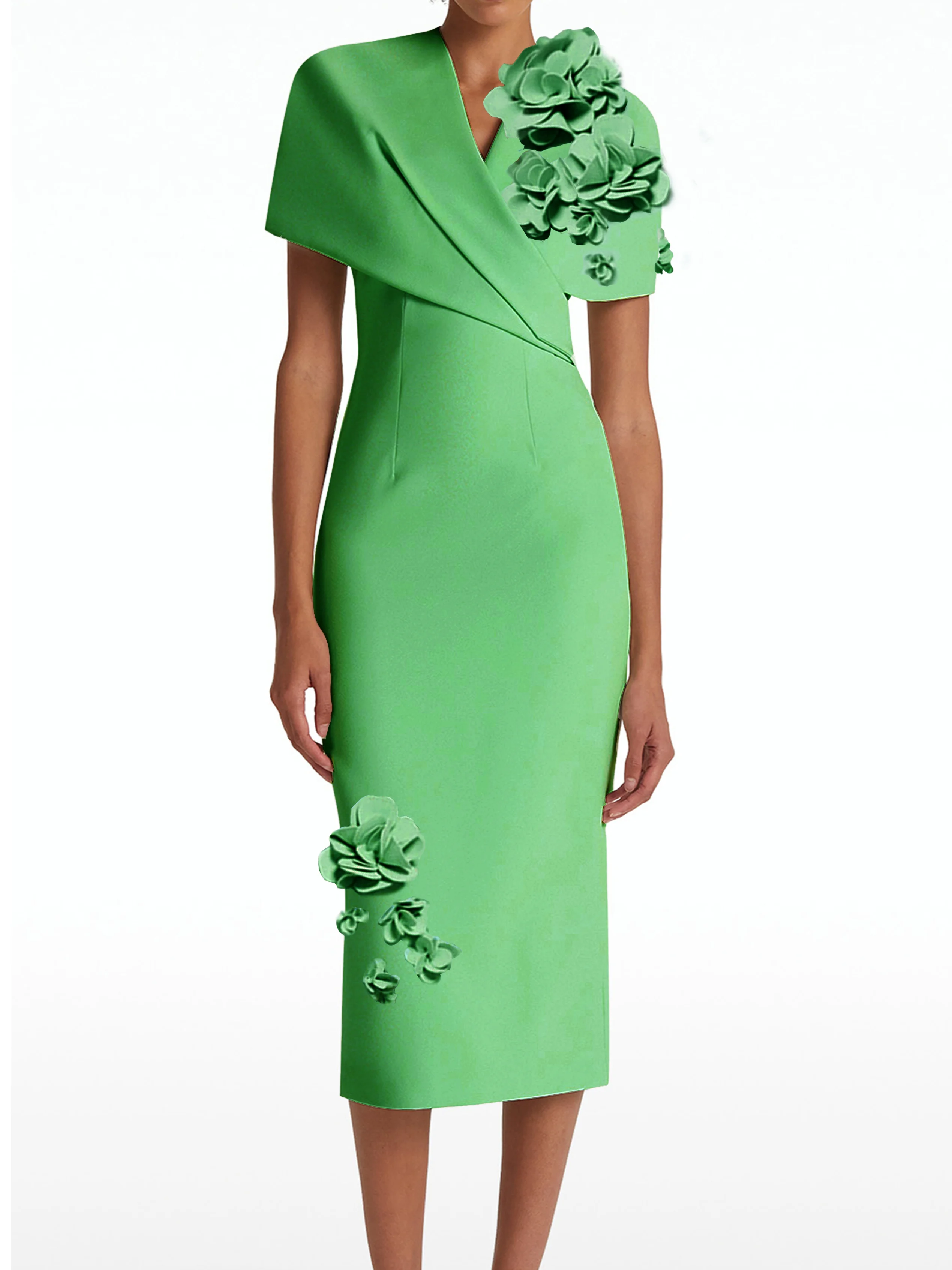 Green 3D Floral Short Sleeve Sheath Sheath Midi Dress