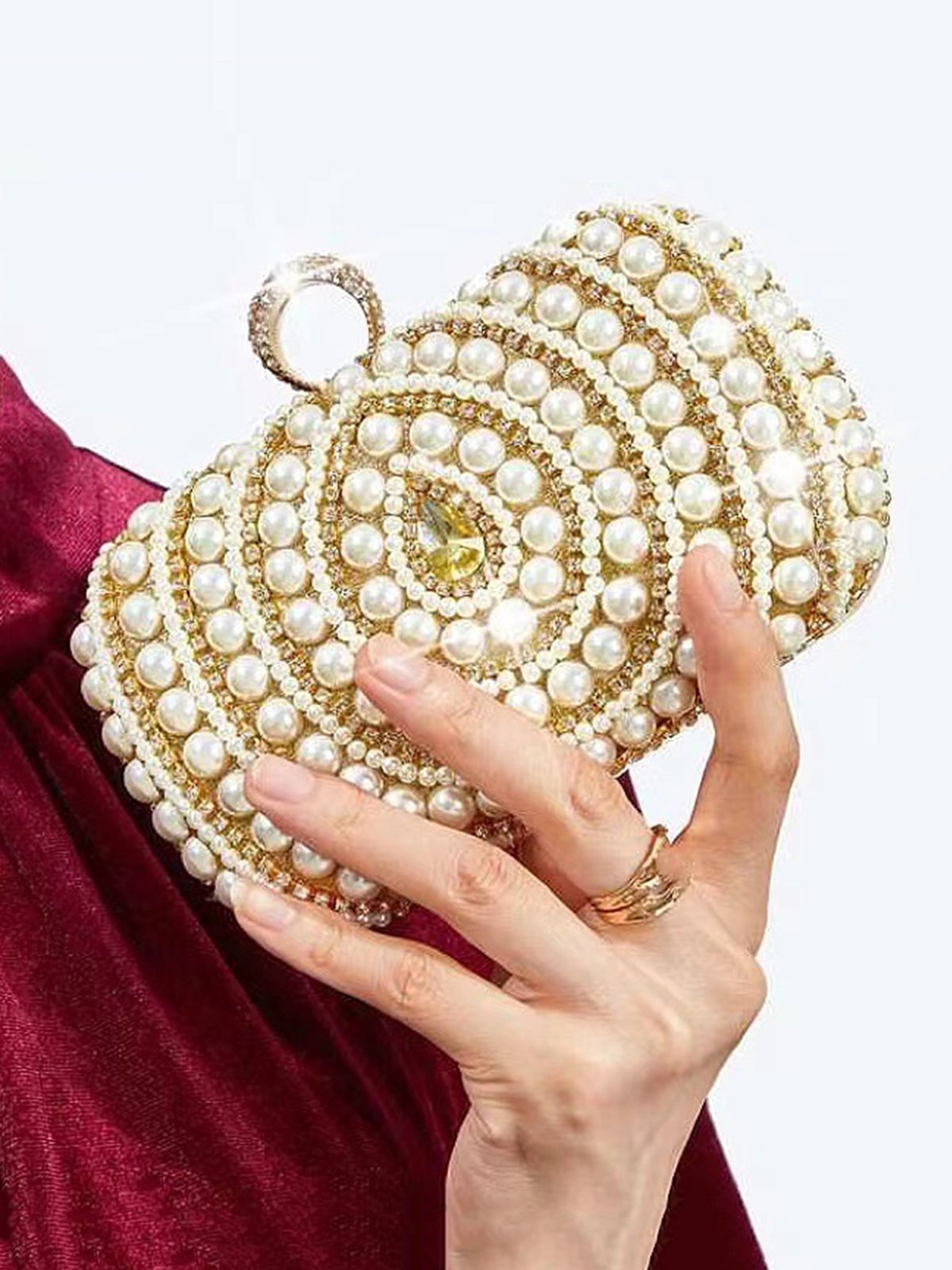Glamorous Rhinestone Imitation Pearl Party Finger Ring Clutch Bag With Chain Strap