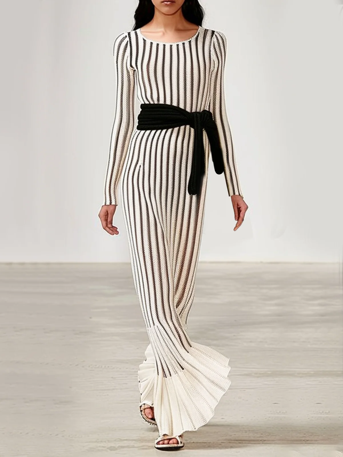 White Striped A-Line Maxi Wool Sweater Dress With Belt