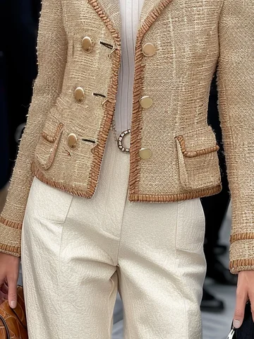 Women Khaki Lapel Collar Buckle Tweed Blazer With Pockets