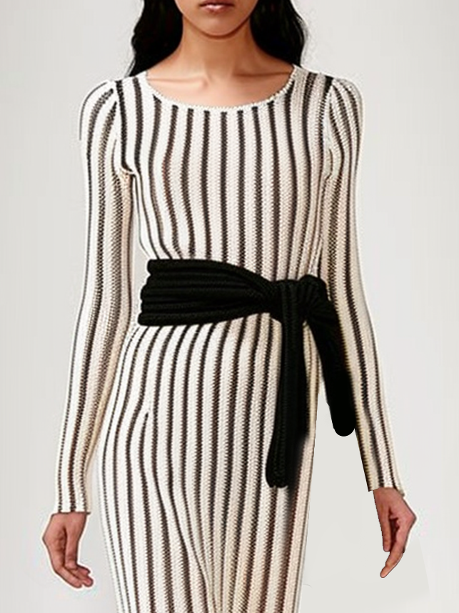 White Striped A-Line Maxi Wool Sweater Dress With Belt