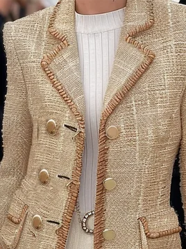 Women Khaki Lapel Collar Buckle Tweed Blazer With Pockets