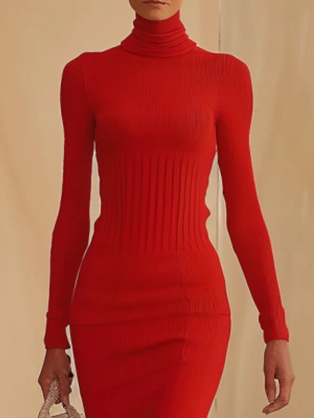 Red Neck Long Sleeve A-Line Maxi Wool Sweater Dress