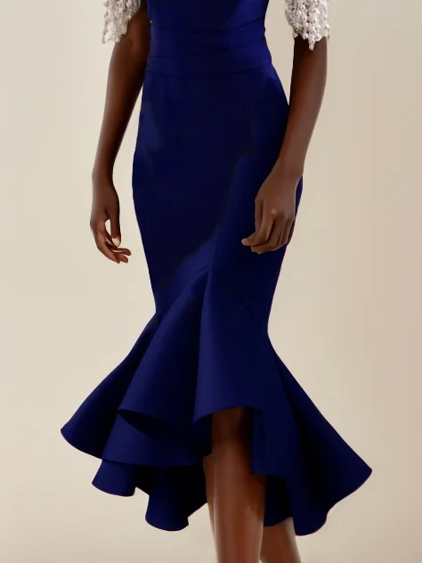 Dark Blue Off The Shoulder Imitation Pearls  Mermaid Midi Dress