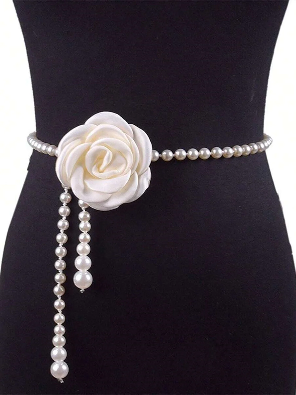 Elegant Camellia Flower Waist Chain Faux Pearls Necklace