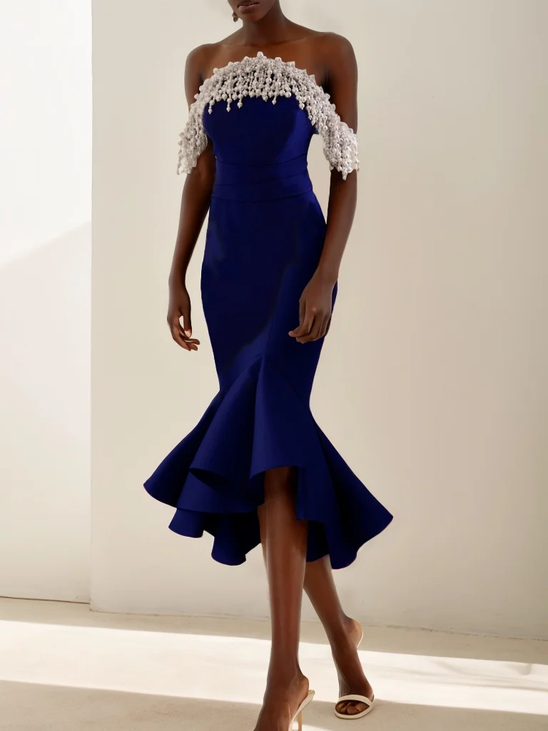 Dark Blue Off The Shoulder Imitation Pearls  Mermaid Midi Dress