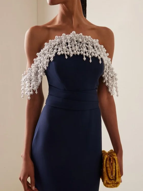 Dark Blue Off The Shoulder Imitation Pearls  Mermaid Midi Dress