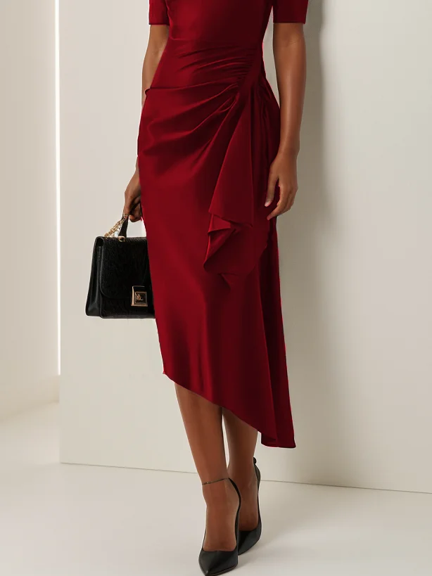 Wine Red Ruched Short Sleeve Sheath Midi Dress