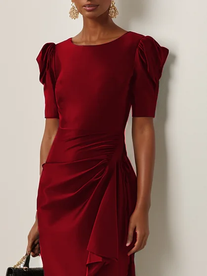 Wine Red Ruched Short Sleeve Sheath Midi Dress