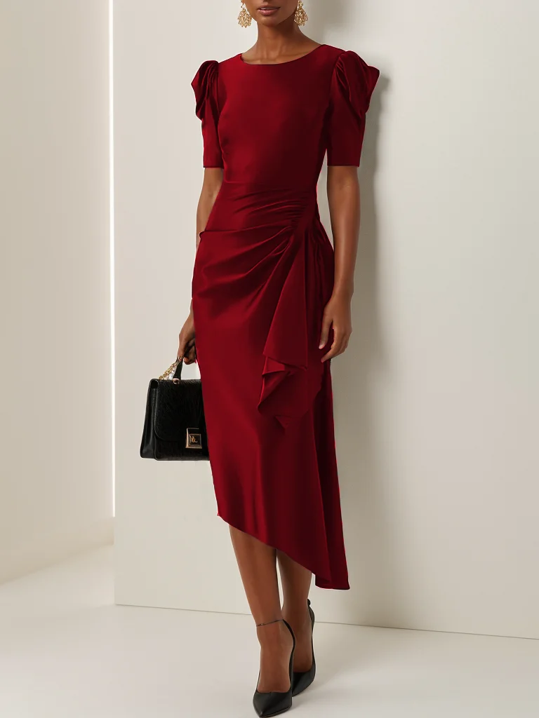 Wine Red Ruched Short Sleeve Sheath Midi Dress