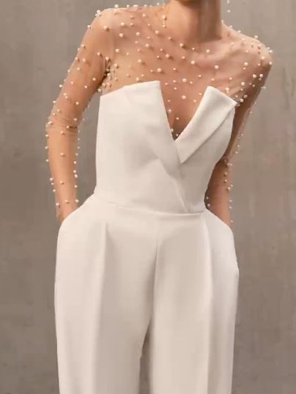 Women White Imitation Pearls Strapless Jumpsuit