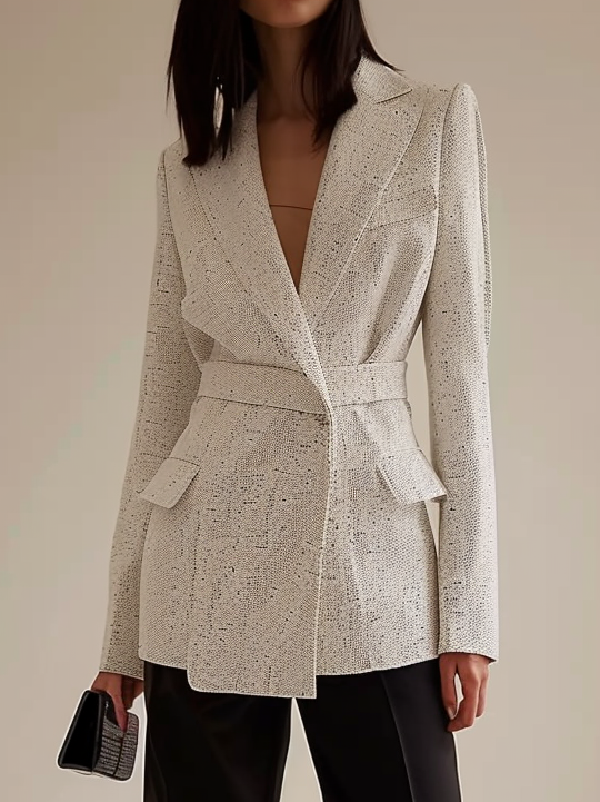 Women Light Grey Lapel Collar Tweed Blazer