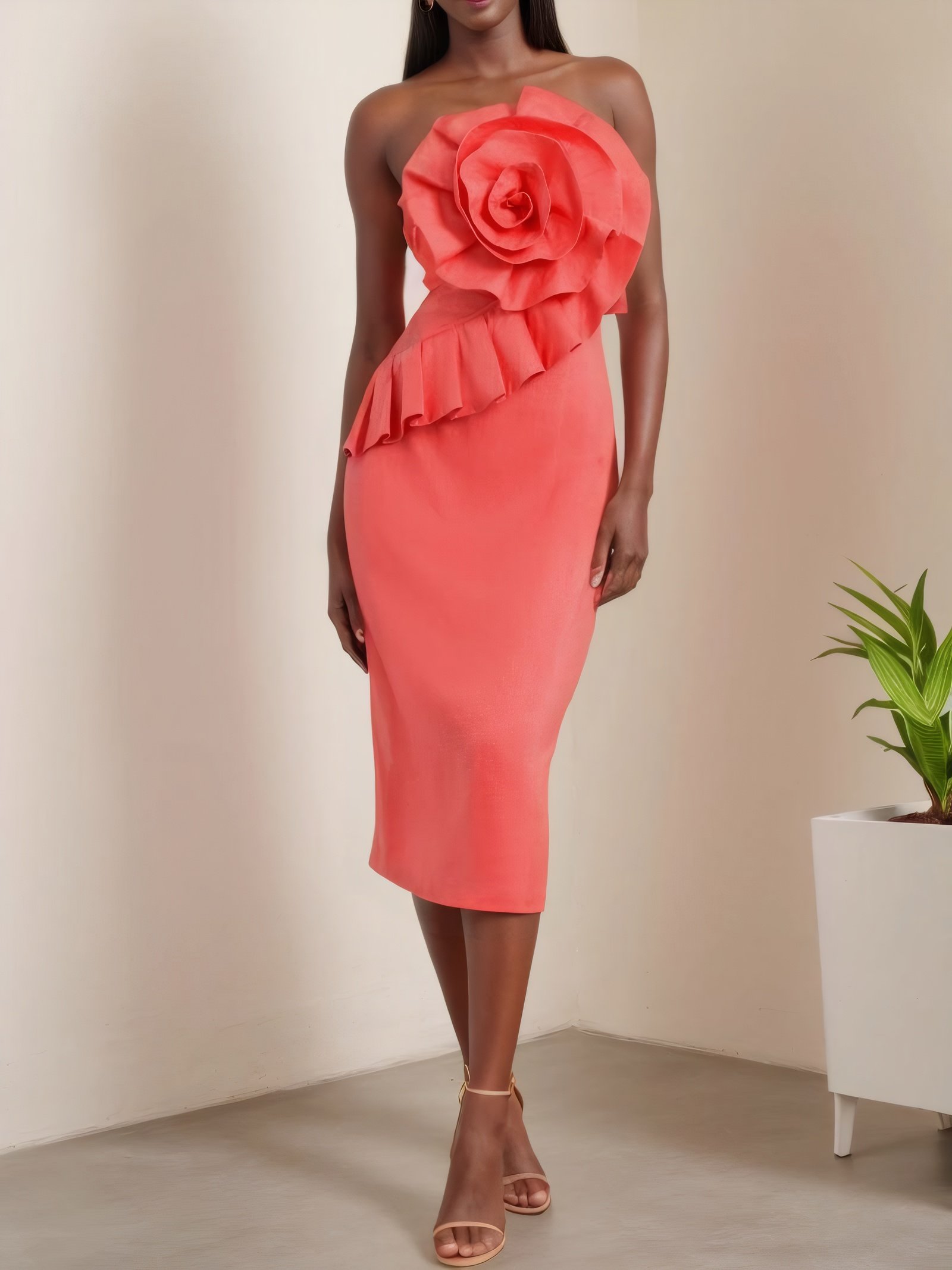Plain Applique Strapless Sleeveless 3D Floral Urban Midi Dress