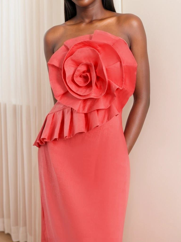 Plain Applique Strapless Sleeveless 3D Floral Urban Midi Dress