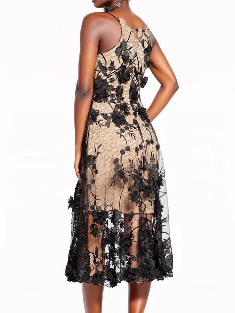 V Neck Lace 3D Floral Urban Applique Midi Dress