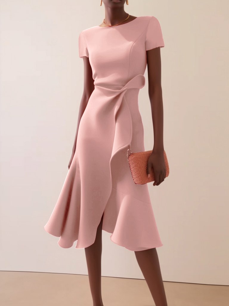 Light Pink Ruffled Short Sleeve A-line Midi Dress 