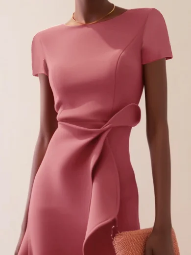 Pink Ruffled Short Sleeve A-line Midi Dress 