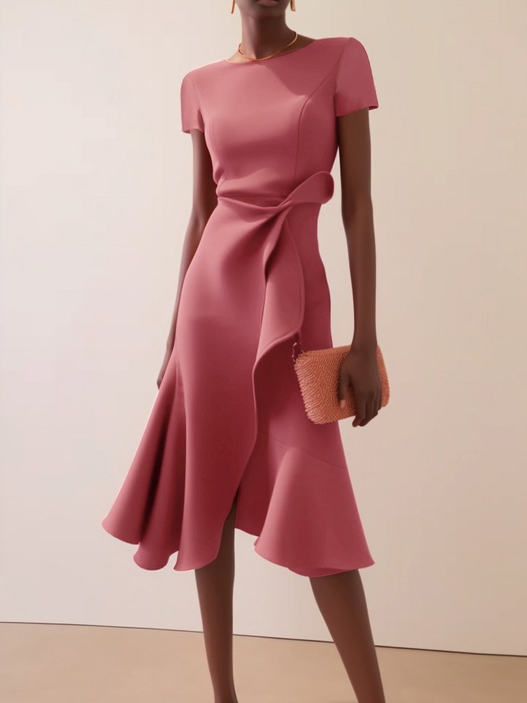 Pink Ruffled Short Sleeve A-line Midi Dress 