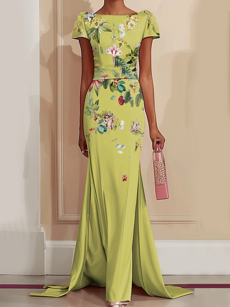 Yellow Floral Short Sleeve Floor-Length Dress