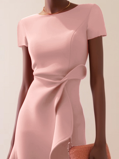 Light Pink Ruffled Short Sleeve A-line Midi Dress 