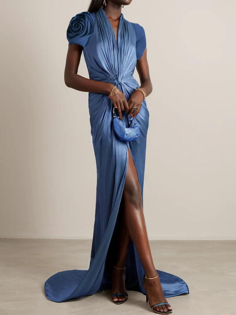 Blue 3D Floral  Short Sleeve Pleated Slit Sheath Gown