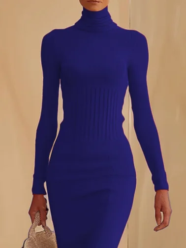 Blue High Neck Long Sleeve A-Line Maxi Wool Sweater Dress