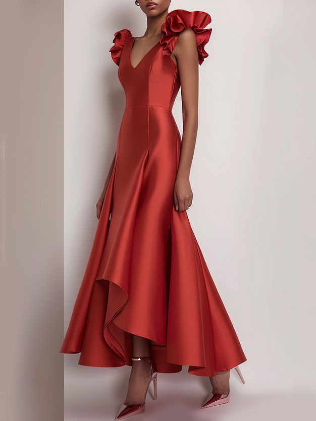 Red V Neck Petal Sleeve A-Line Maxi Dress