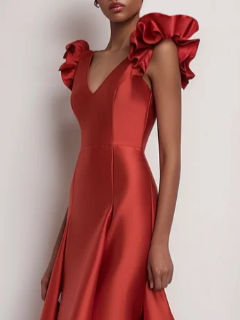 Red V Neck Petal Sleeve A-Line Maxi Dress