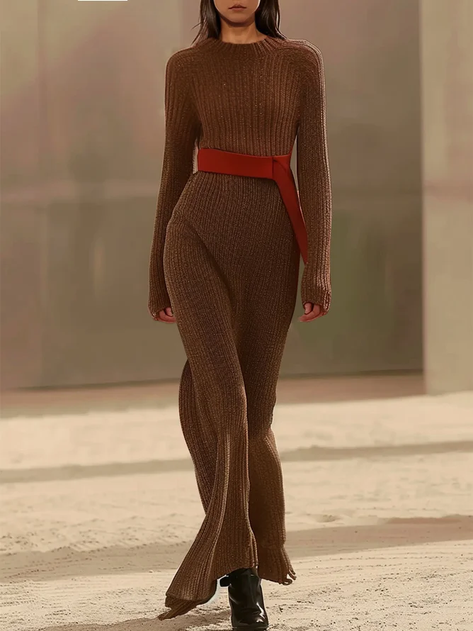 Wool Brown  Long Sleeve A-Line Maxi Sweater Dress