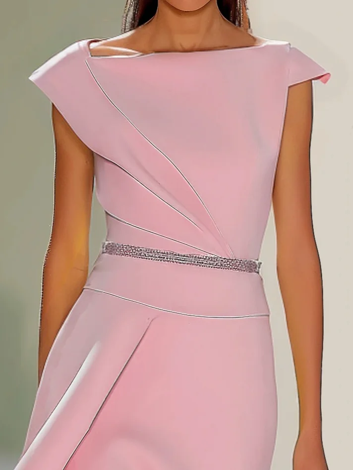 Pink Asymmetrical Neck Cap Sleeve Rhinestone Sheath Midi Dress 